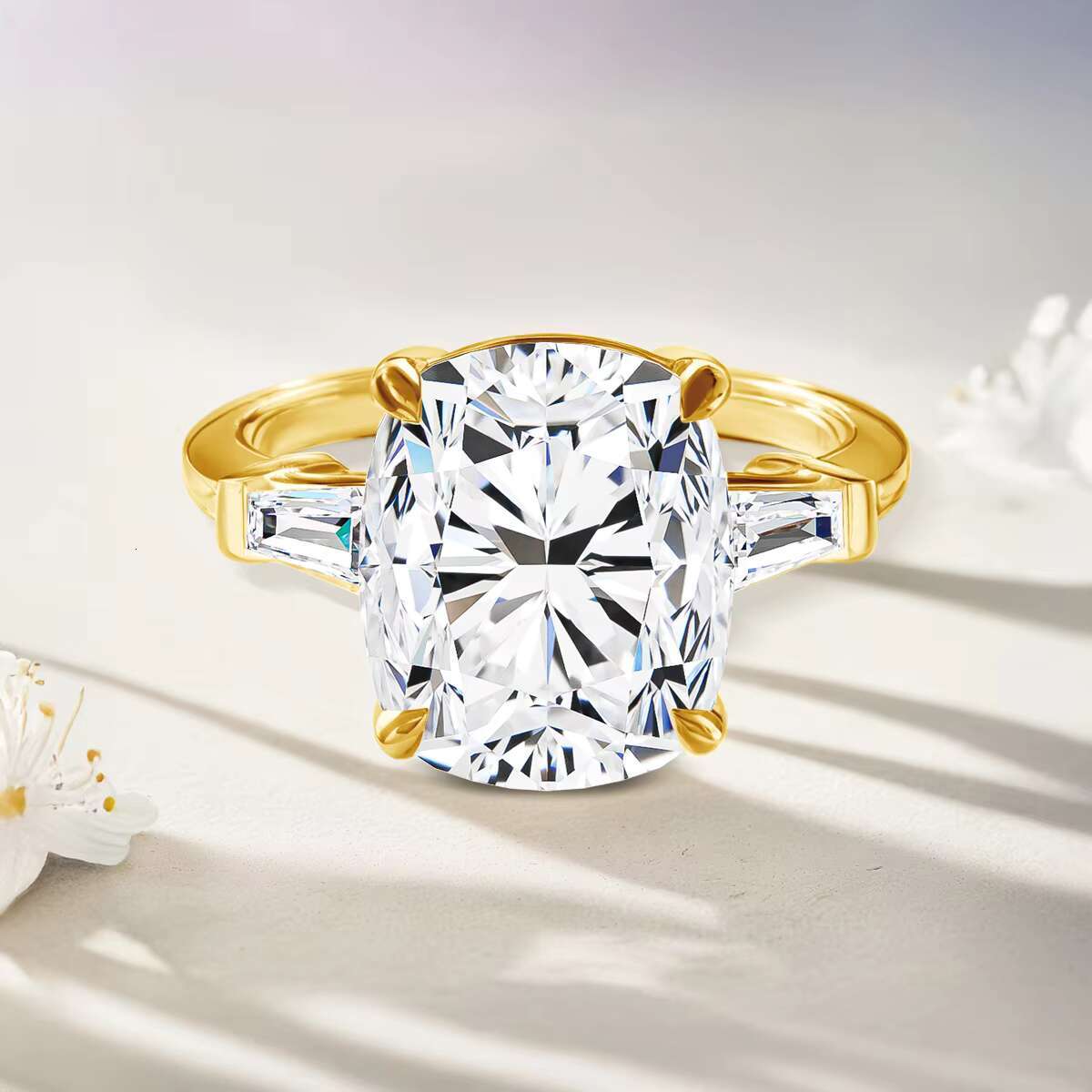 Fine Jewelry Supplier Woman Engagement Wedding Gift Hollow 14K Gold Diamond 8ct Cushion 3 Stone Moissanite Rings