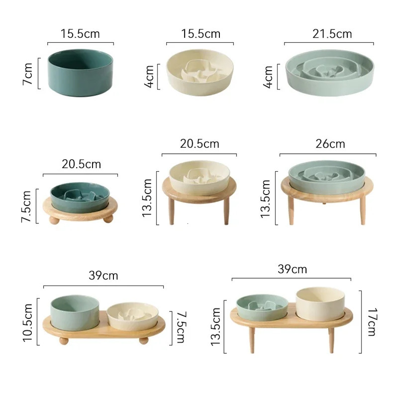 Small Dog Slow Feed Bowl Elevated Cat Drinking Eating Ceramic Bowls with Wooden Stand Pet Anti-Gulping Feeding Food Water Plate 250612