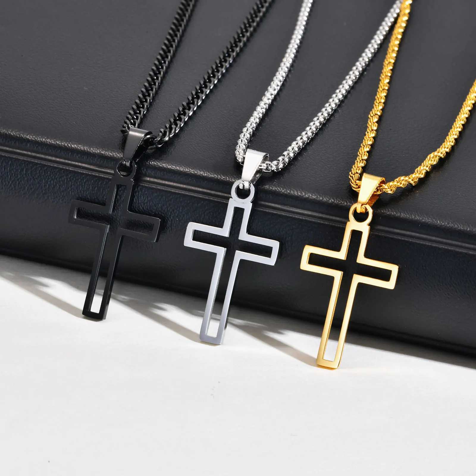 Casual Hollow Cross Necklaces for Men Boys Waterproof Stainless Steel Cross Pendant Necklace Religious Faith Prayer Jewelry Gift W250612