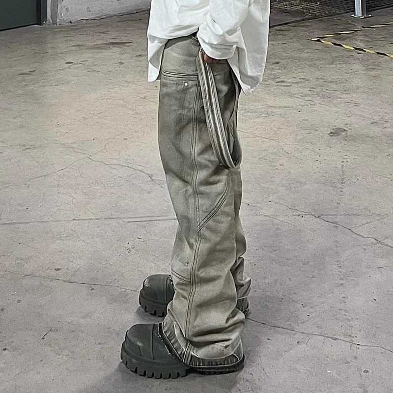 Viintage Splash Ink Distressed Flare Jeans Men Cargo Urban Streetwear Ribbon Washed Baggy Denim Jeans Logging Pants W250612