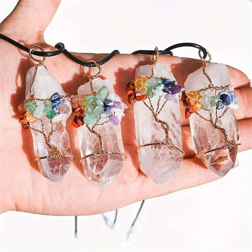 Natural Crystal Rainbow Tree of Life Column Pendant Irregular Hexagonal Point Wrapped Thread Necklace Hanging Ornament
