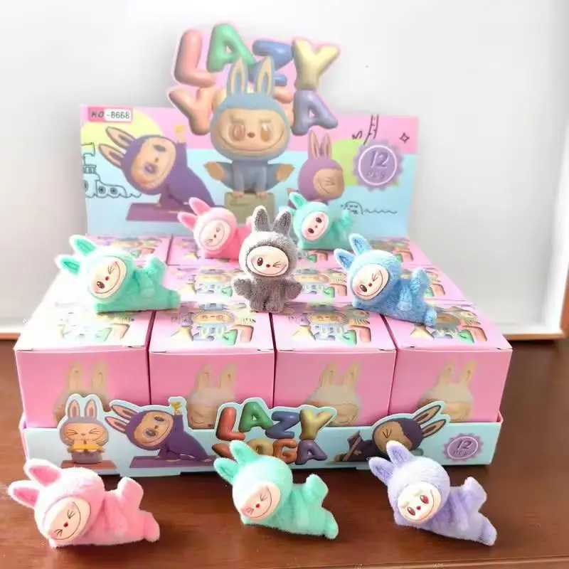 12pcs New Yoga Labubu Blind Box Series Mini Flocking Labubu Doll Action Figure DIY Pendant Accessories Decor Kawaii Toy Gift X250612