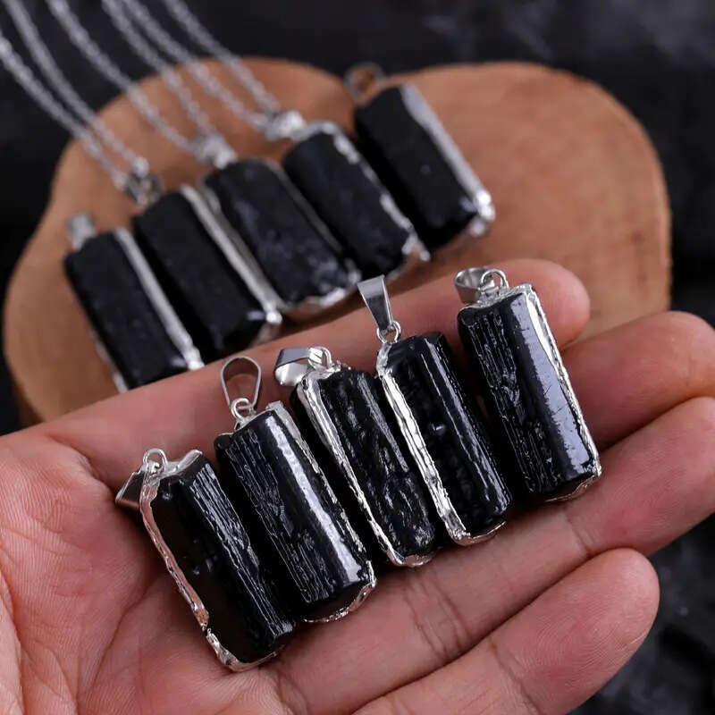Natural Black Tourmaline Gilded Crystal Rough Stone Irregular Leather Cord Necklace Jewelry Pendant