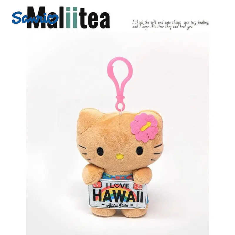 Sanrio Hawaii Anime Series KeyChain Hello Kitty Dark Skin Plush Stuffed Cartoon Plush Doll Bikini Pineapple Bag Pendant Cute Toy X250612