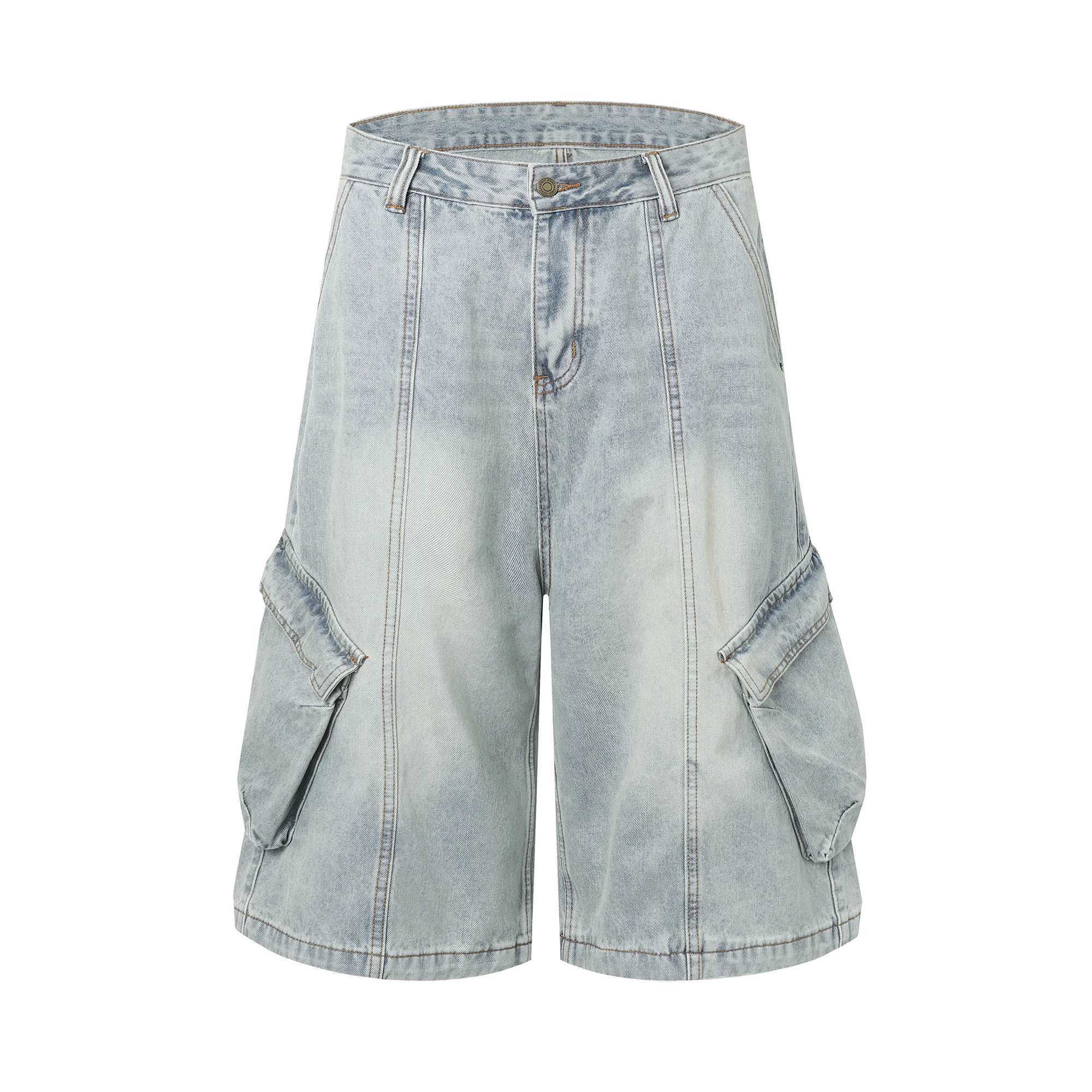 Vintage Mens Summer Casual Distressed Washed Denim Shorts Multi Pocket Crop Jeans Shorts Wide Legs Casual Cargo Jeans for Women W250612