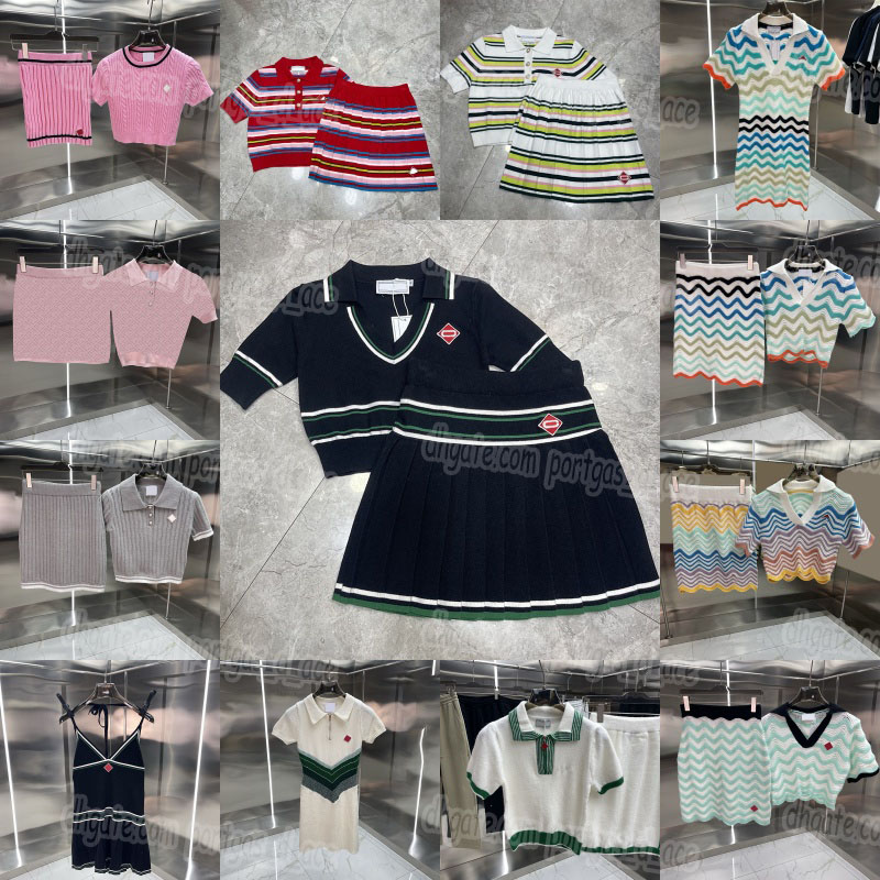 Sporty Tennis Blouse Skirt Set Designer Women Wave Knitted Polo Dresses Summer Slim Fit Midi Slip Dress Beach Vacation Birthday Skirts Cropped Sweater Outfits
