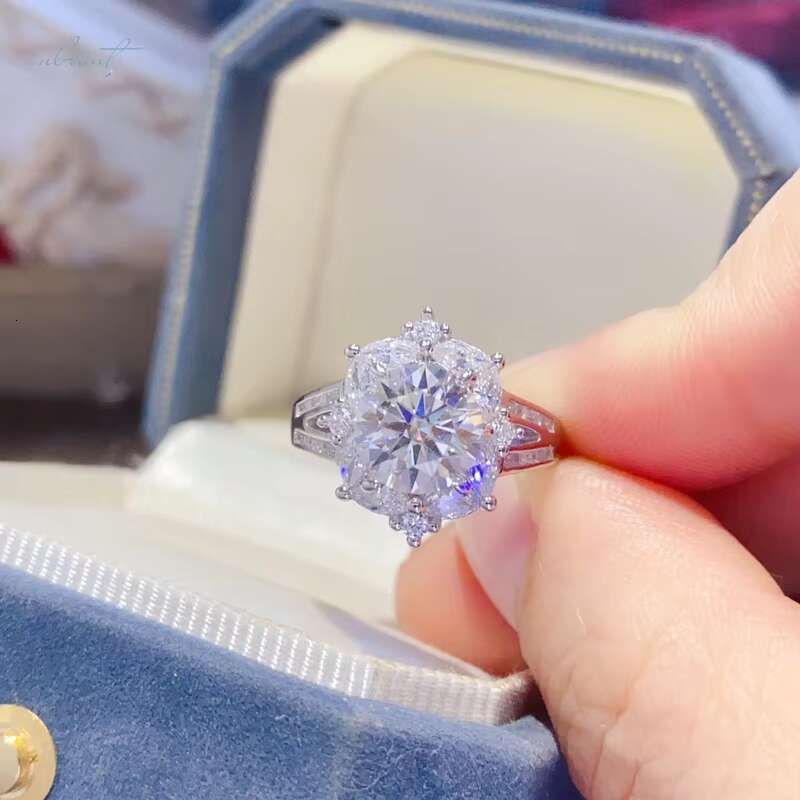 Silver 925 Original 2 Ct Brilliant Cut Diamond Test Past Sparkling D Color Moissanite Blossom Ring Teen Girls Fine Jewelry