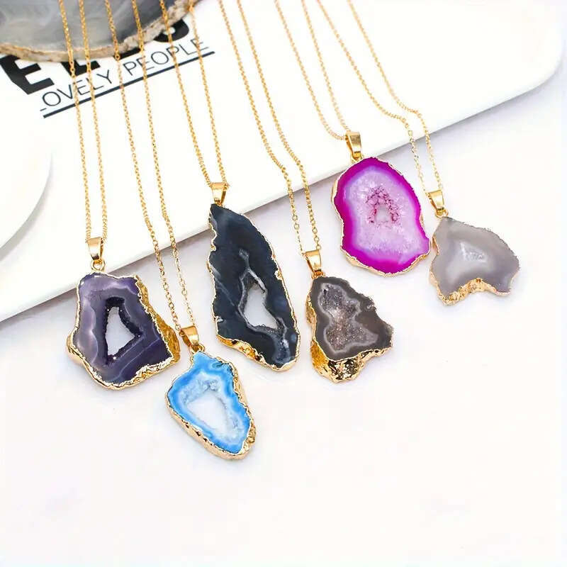 Natural Agate Geode Rough Stone Slice Gilded Edge Necklace Irregular Crystal Pendant