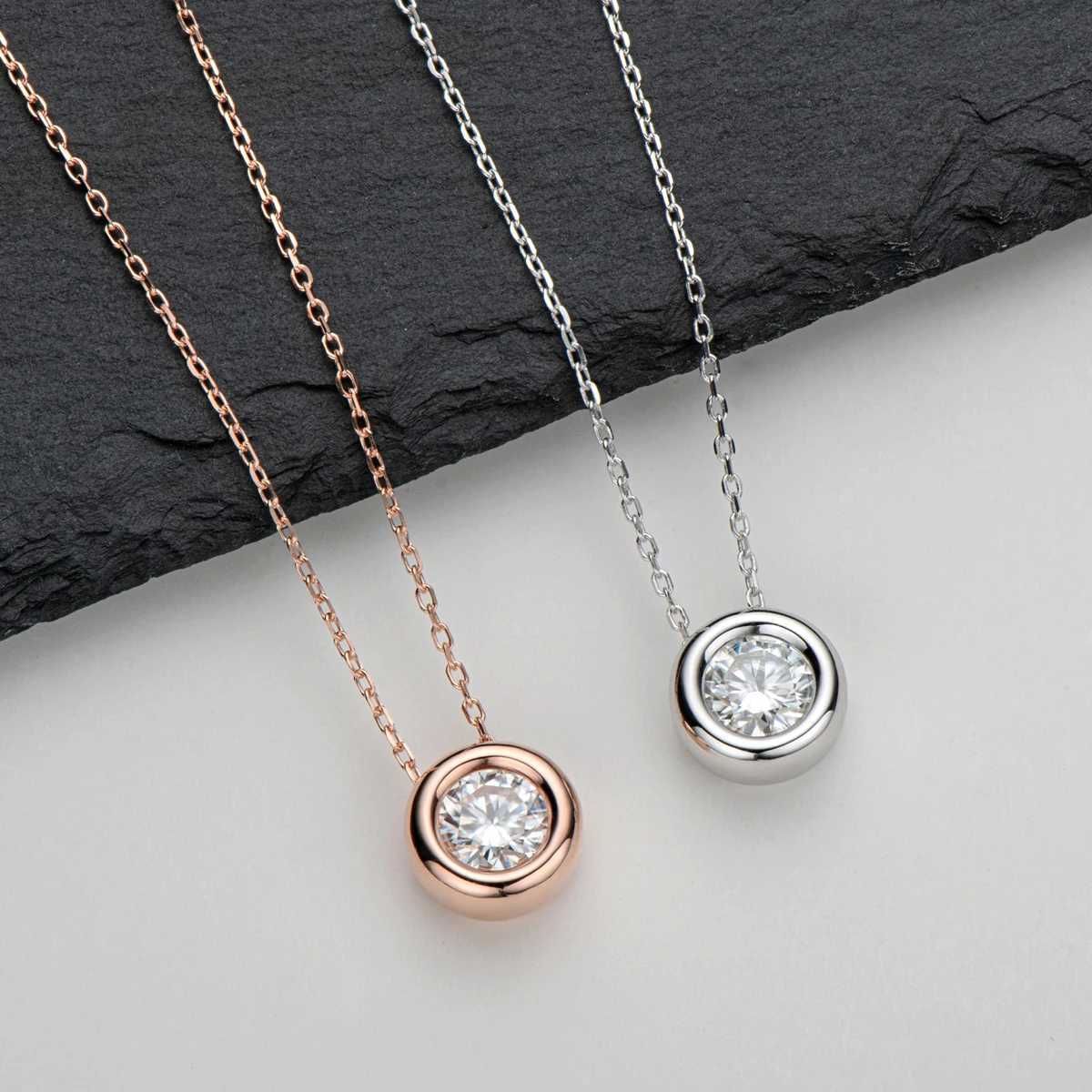 Lnngy 6.5mm Round Bezel Moissanite Pendant Necklace For Women 925 Sterling Silver Clavicle Chain Necklaces Jewelry Collare Mujer W250612