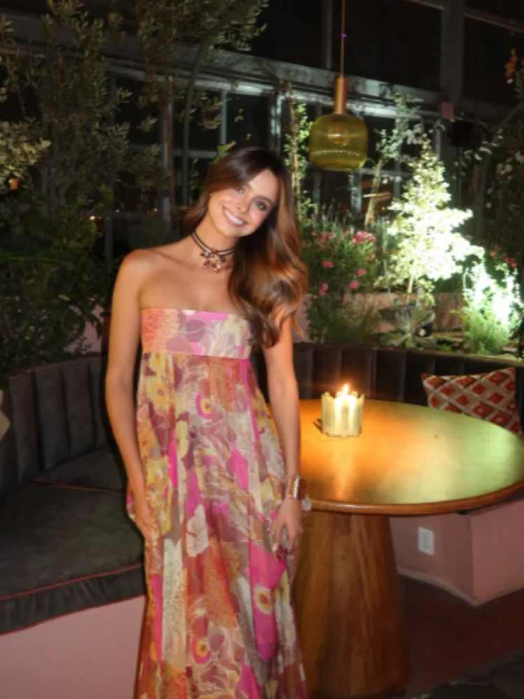 Retro Printed Strapless Long Dress Sexy Ladies Sleeveless Backless Pleated Dresses Summer Chic Female Party Street Robes 250611