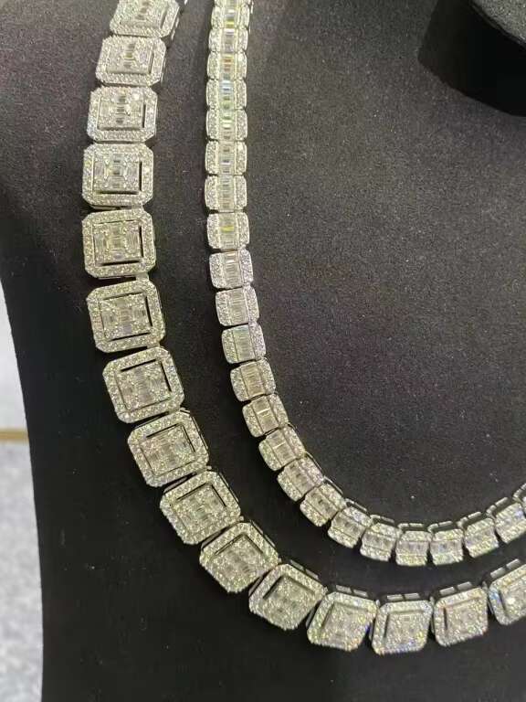 New Mens and Womens Square Necklace 925 Silver Baguette Diamond VVS Moissanite Luxury Cuban Chain