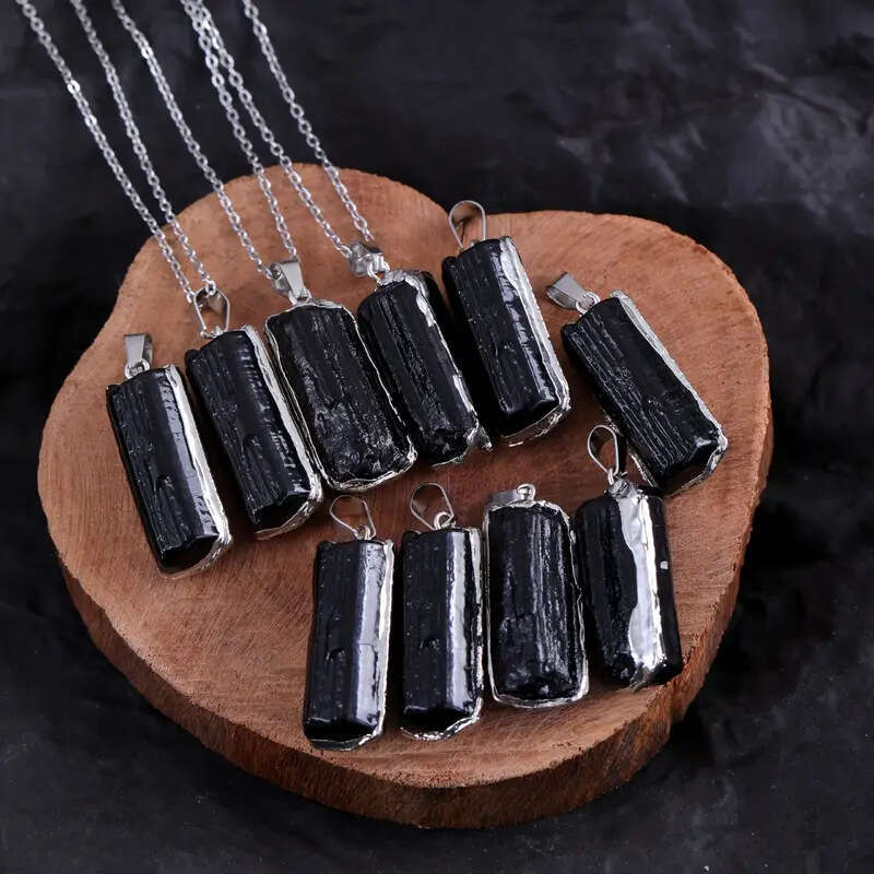 Natural Black Tourmaline Gilded Crystal Rough Stone Irregular Leather Cord Necklace Jewelry Pendant