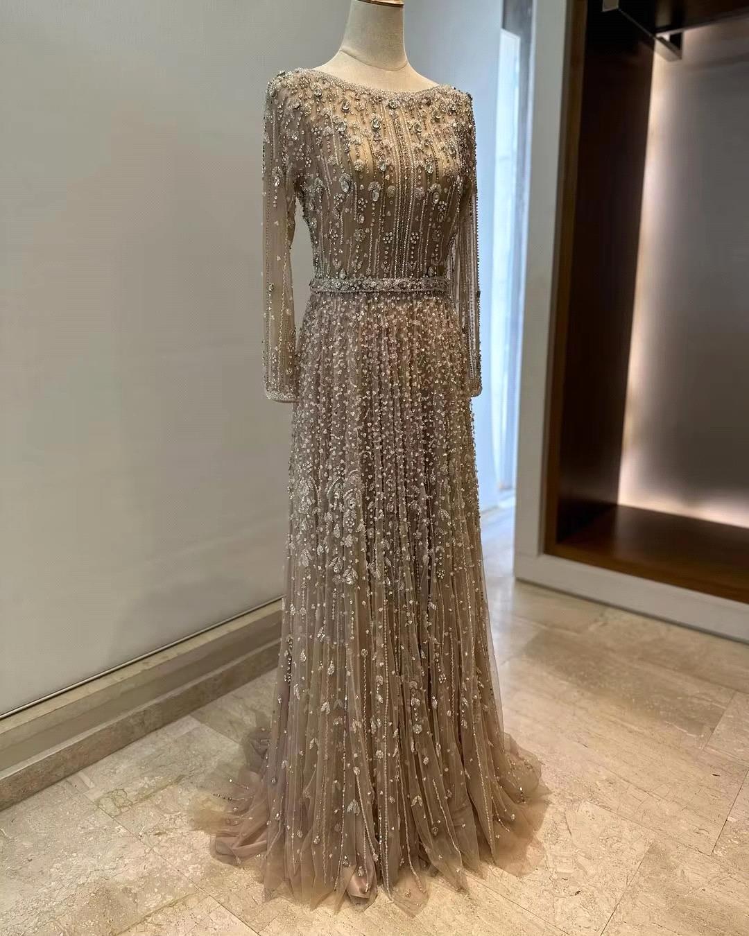 Designed Dubai Arabic Dresses Luxury Beaded Evening Gowns A Line Long Sleeve Celebrity Red Carpet Formal Vestidos de fiesta BC20147