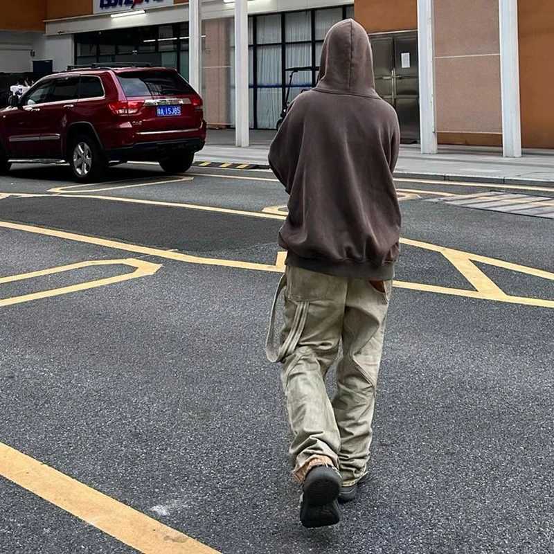 Viintage Splash Ink Distressed Flare Jeans Men Cargo Urban Streetwear Ribbon Washed Baggy Denim Jeans Logging Pants W250612