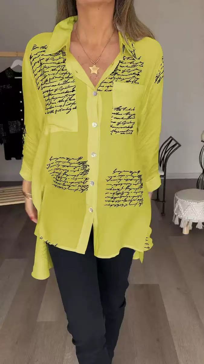 Newly Womens Button V Neck Letter Print Shirt Lace up Ladies Single Breasted Autumn Lantern Sleeve Loose Tops Blouse