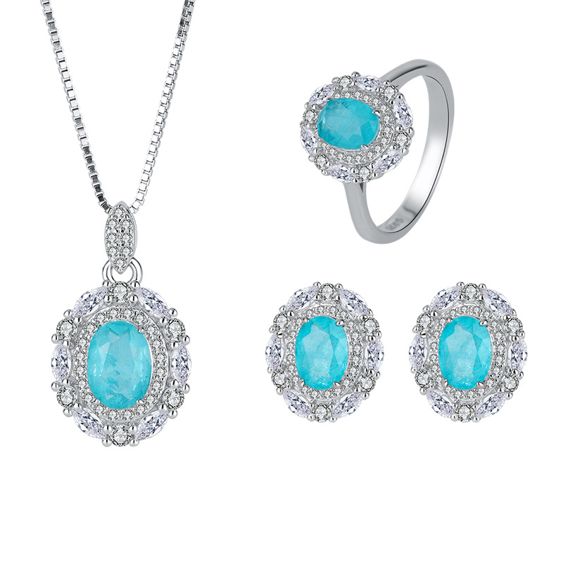 Hot Selling S925 Silver Jewelry Set, Faux Paraiba Gemstone Ring, Earrings & Pendant Set, Perfect for Weddings and Special Occasions, Fashionable Elega