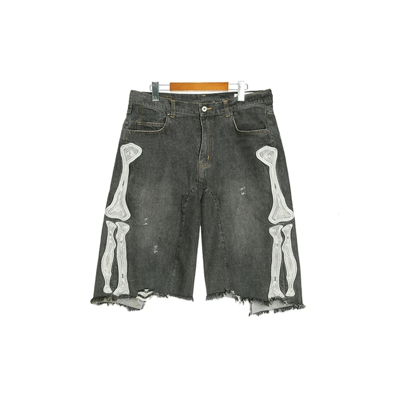 25SS Embroidery Distressed Casual Loose Fit Denim Shorts Zipper Closure Straight Leg Jeans