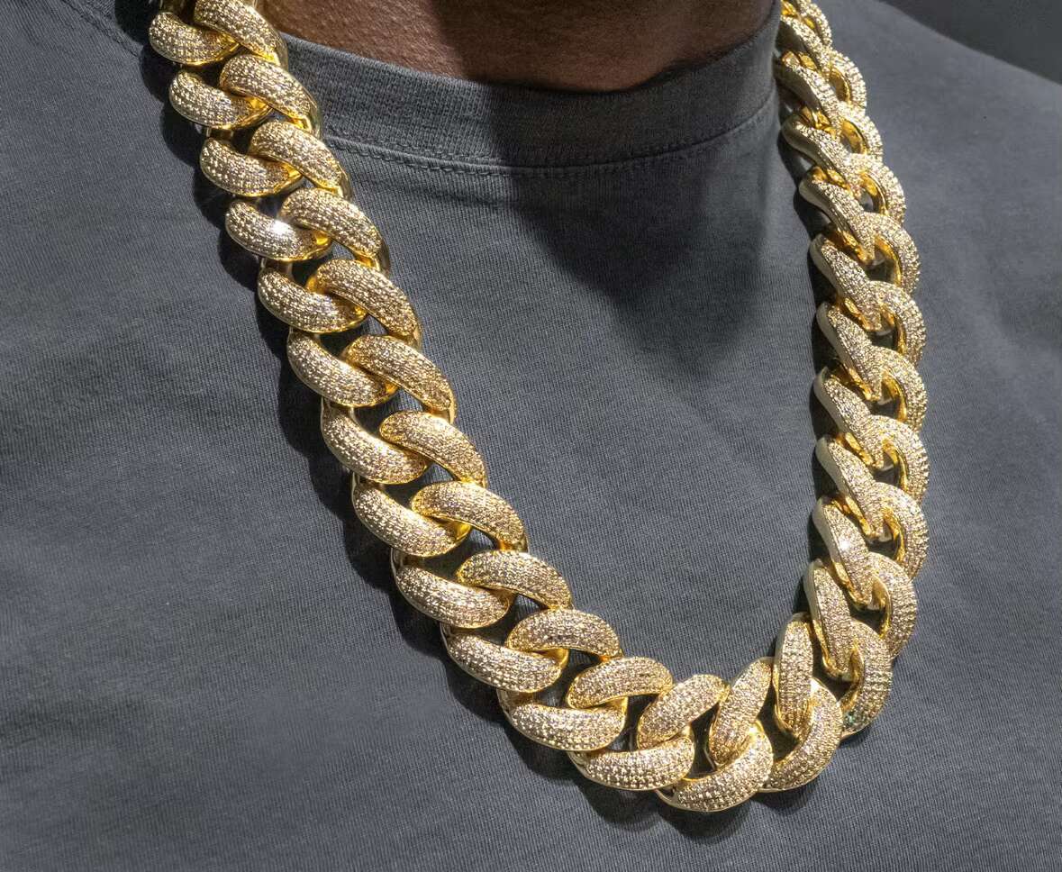 25MM Solid 925 Silver Hip Hop Cuban Link Chain 18K Gold Plated with Studded VVS1 Moissanite Diamond Passes Tester 16-30 Inches