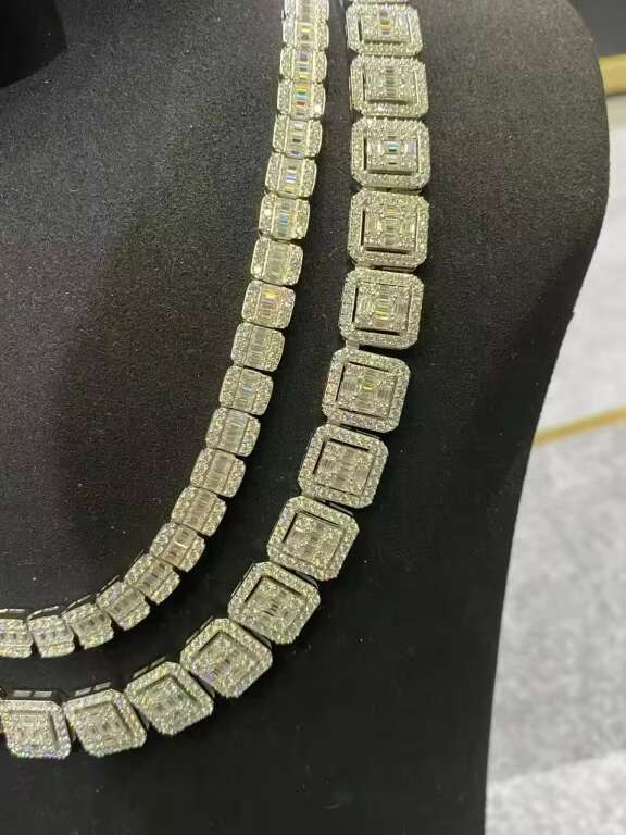 New Mens and Womens Square Necklace 925 Silver Baguette Diamond VVS Moissanite Luxury Cuban Chain