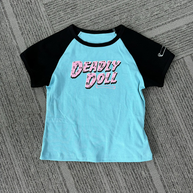 Contrast Color T Shirt Women Loose Round Neck Tees Street Style Hip Hop Tops