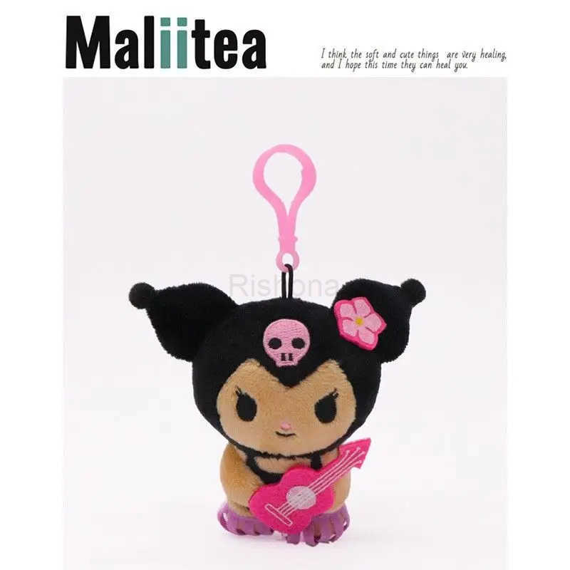 Sanrio Hawaii Anime Series KeyChain Hello Kitty Dark Skin Plush Stuffed Cartoon Plush Doll Bikini Pineapple Bag Pendant Cute Toy X250612