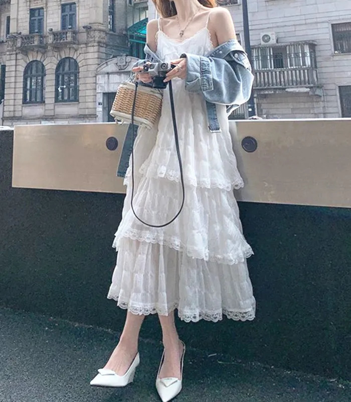 Summer Befree Long Vintage Casual Ruffles Elegant Maxi Strap Camis Silky Beach Lace Party Dress Vestidos Sexy Women 250611