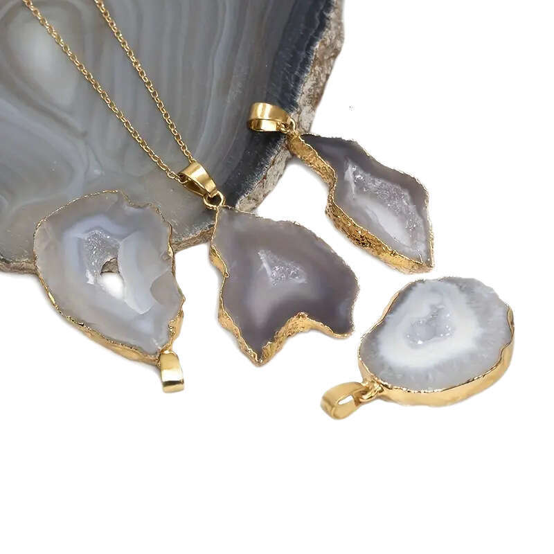 Natural Agate Geode Rough Stone Slice Gilded Edge Necklace Irregular Crystal Pendant