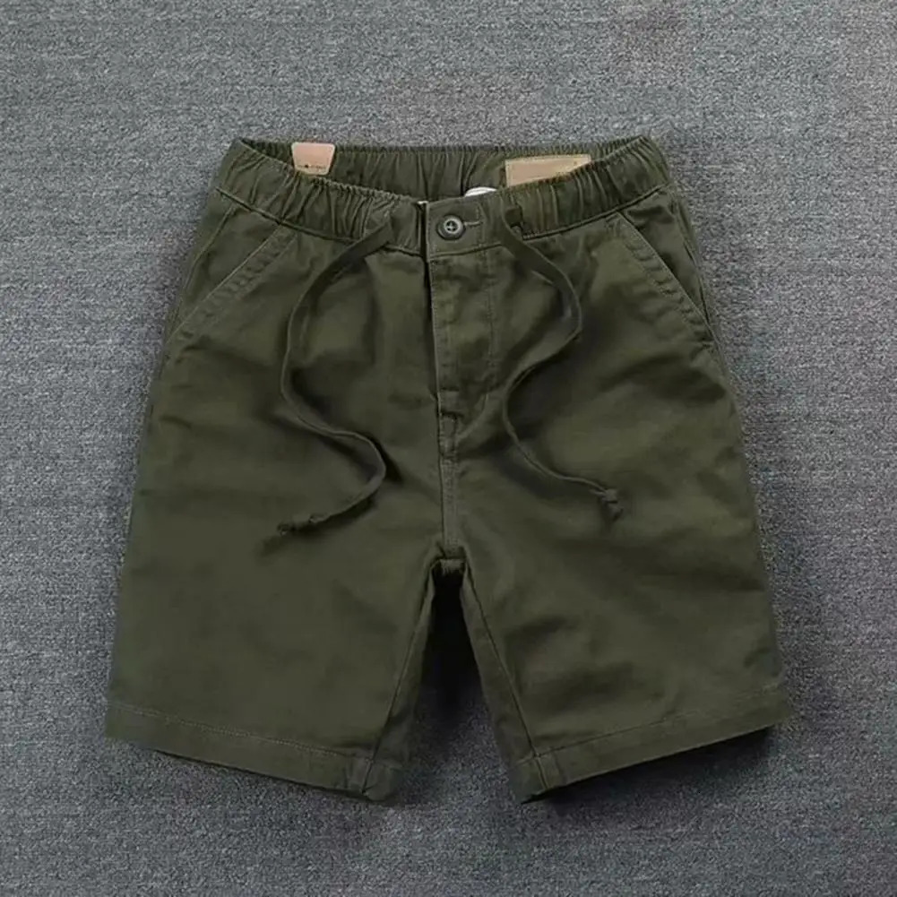 Summer Men Shorts Solid Color PatchPocket Drawstring Elastic Waist Half Trousers Casual Straight Male Cargo 250611Z