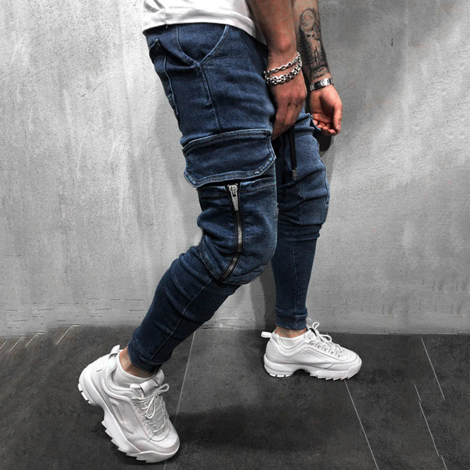 Summer Mens Fashion Pants Casual Pocket Waist Solid Color Slim Toe Jeans With Drawstring For Male Masculina 250611Z