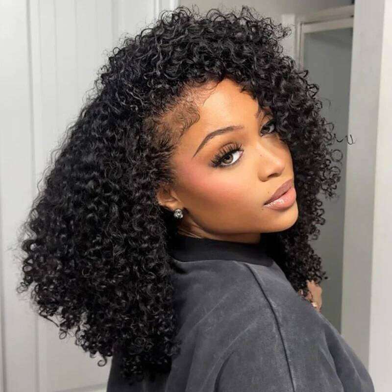 300% Glueless Wigs Human Hair Afro Kinky Curly Headband Upgrade 3 IN 1 Half Wig With Drawstring Seamless Clip Ins Flip Over