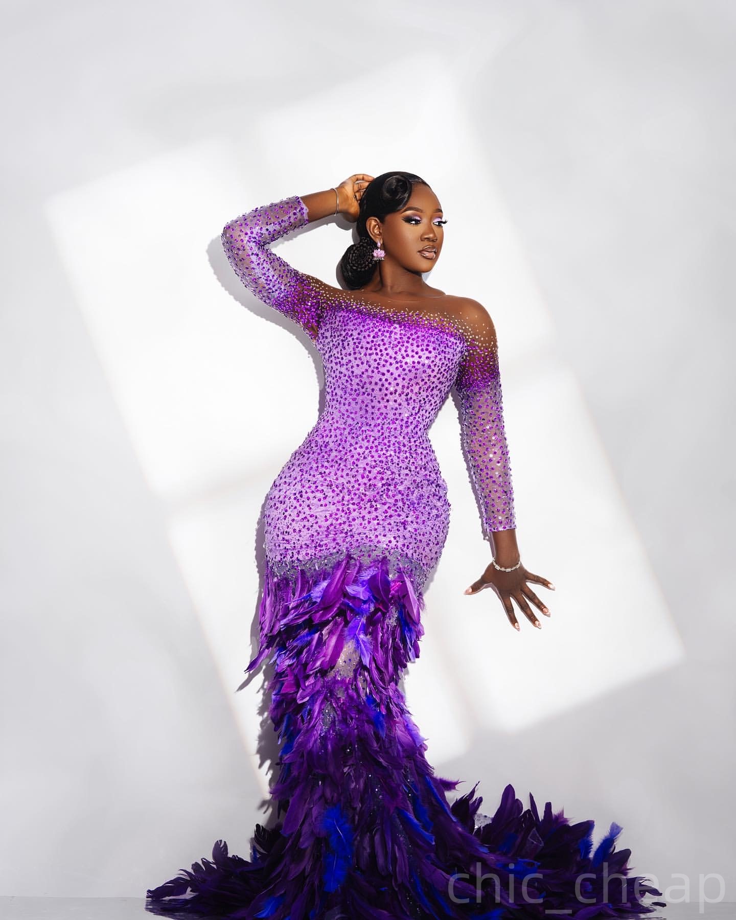 Purple Mermaid Prom Dresses 2025 Crystals Sequined Feather Luxurious Evening Formal Party Second Birthday Engagement Gowns Plus Size Dress For Special