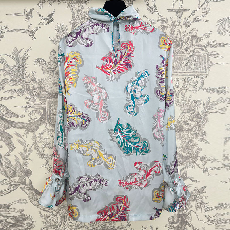 Classic Women's Feather Print Sequin Embroidered High-Neck Blouse Fashion Runway Ruffled Long Sleeve Lace Trim Loose Top Designer Silk Blend Clot