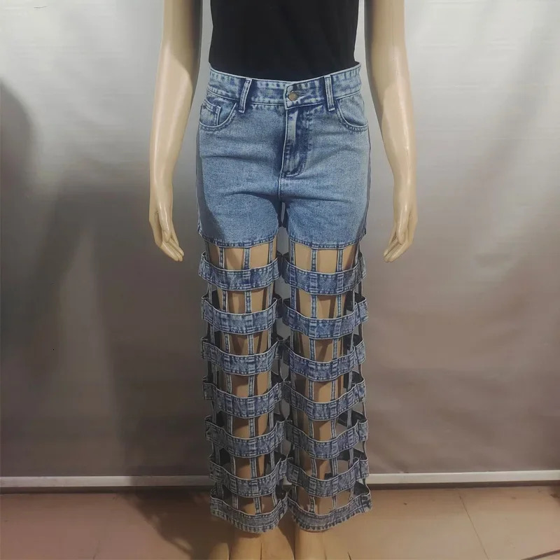 Sexy Cut Out Straight Leg Jeans Womens Club Party Streetwear Fashion Highwaisted Ladies Denim Trousers 250611