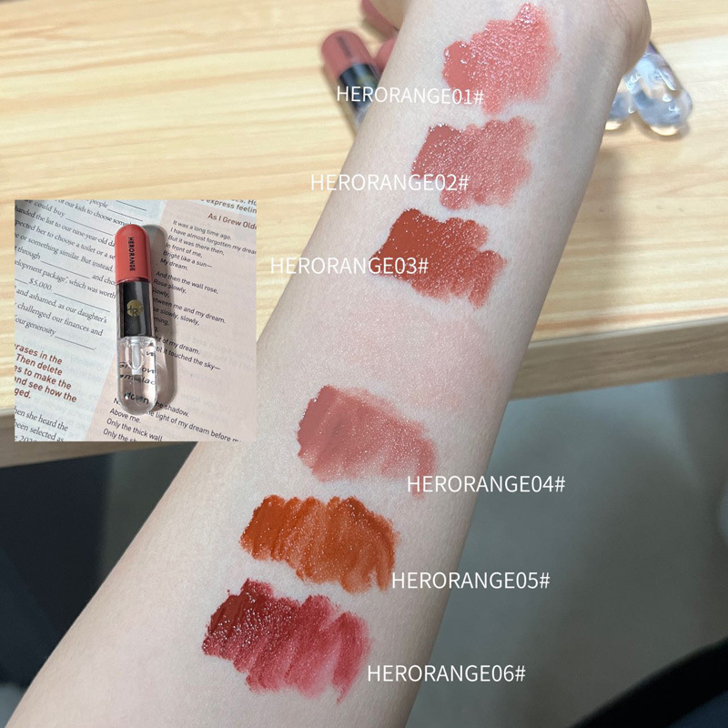 HERORANGE Fog-Condensed Lipstick Matte Lip Gloss Duo Waterproof Moisturizing Milk Tea Color Mirror Lip Tint