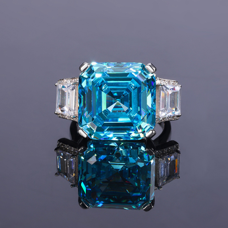 S925 Silver Ascher-Cut Sea Blue Topaz Pendant Necklace & Ring Set with High-Carbon Diamond Accents, Princess Cut, Elegant Jewelry for Women