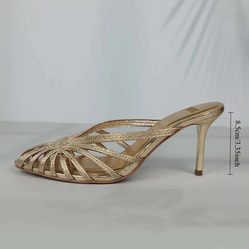 New Gold Hollow Thin Strip Heels for Women Pointed Toe Heeled Pumps Office Lady Mules Summer Stiletto Shoe Sandals 2025