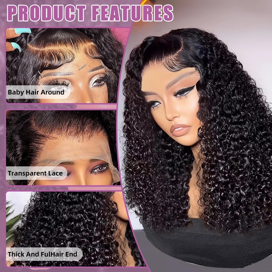 Short Bob Kinky Curly Human Hair Frontal Wig Lace Front Wigs Transparent Closure Human Hair Wig Natural Hairline Synthetic