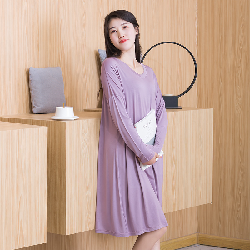 V240 Modal Nightdress Summer Loose Long Sleeve Dress Home Large Size Women's Thin V Neck Dress
