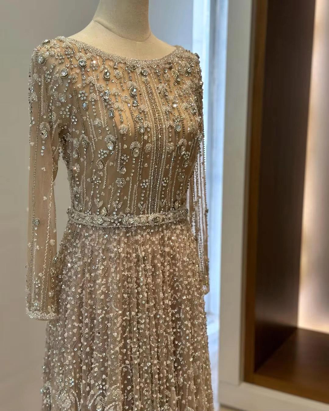 Designed Dubai Arabic Dresses Luxury Beaded Evening Gowns A Line Long Sleeve Celebrity Red Carpet Formal Vestidos de fiesta BC20147