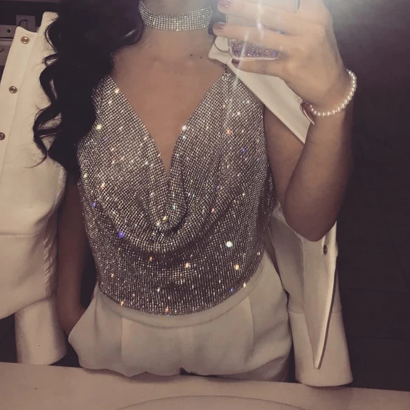 Festival Brilliant Rhinestone Backless Party Crop Top Women Summer Glitter Evening V Neck Diamonds Metal Tank Tops 250611