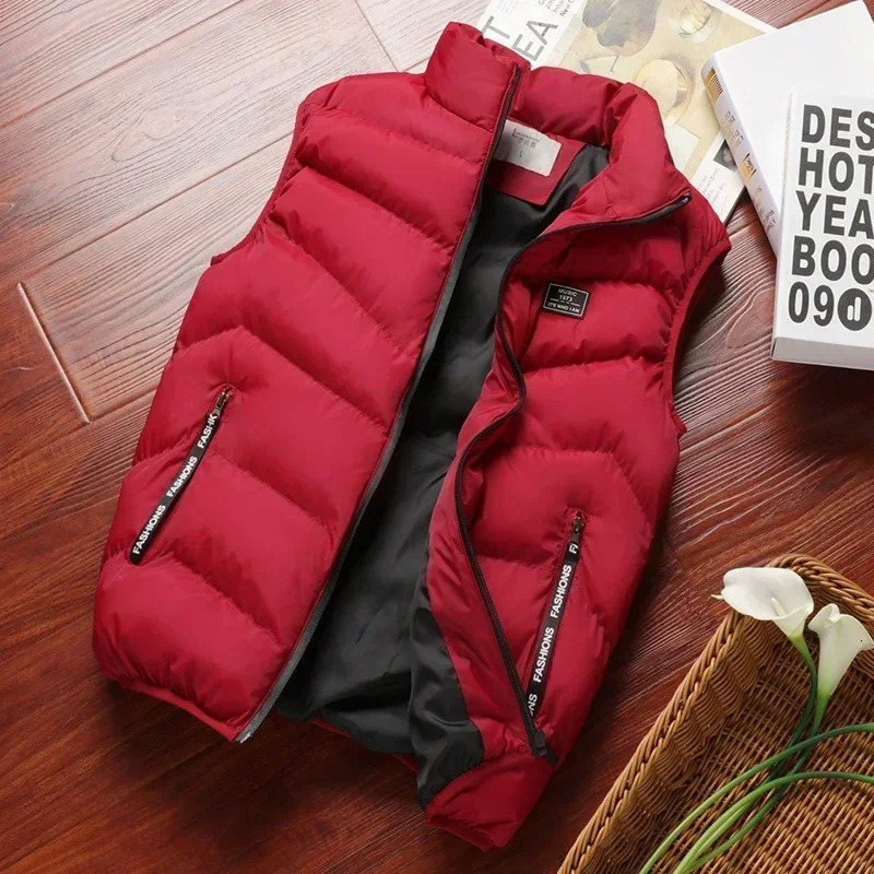 Winter Warm Mens Jacket Sleeveless Zipper Vest Solid Casual Vests Male CottonPadded Thickened Stand Collar Wear Outside 250610A