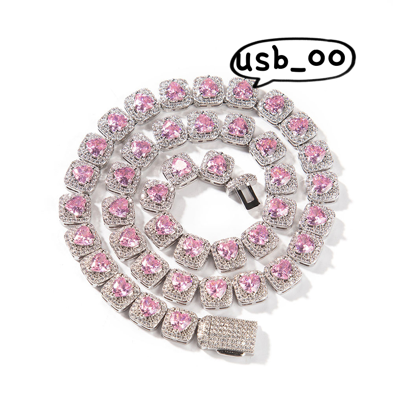OACOCA Hip Hop Bling 9mm Square Tennis Chain Micro Paved Pink Heart Moissanite Diamond Men Women Jewelry Chunky Tennis Chain Necklace