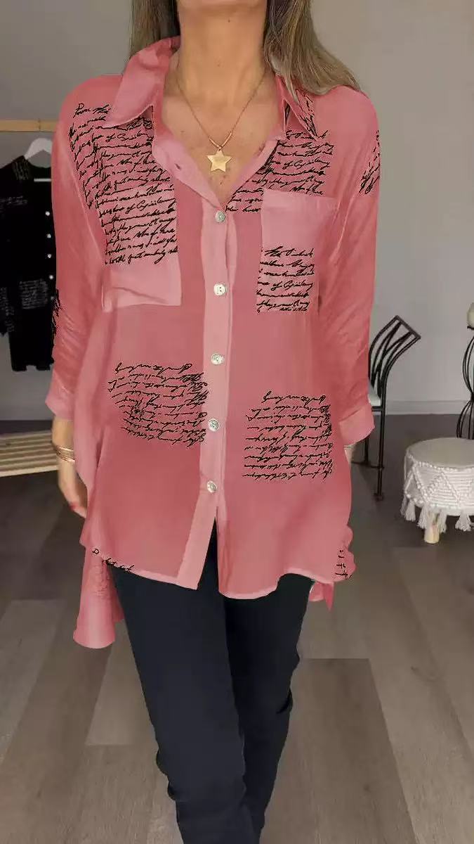 Newly Womens Button V Neck Letter Print Shirt Lace up Ladies Single Breasted Autumn Lantern Sleeve Loose Tops Blouse