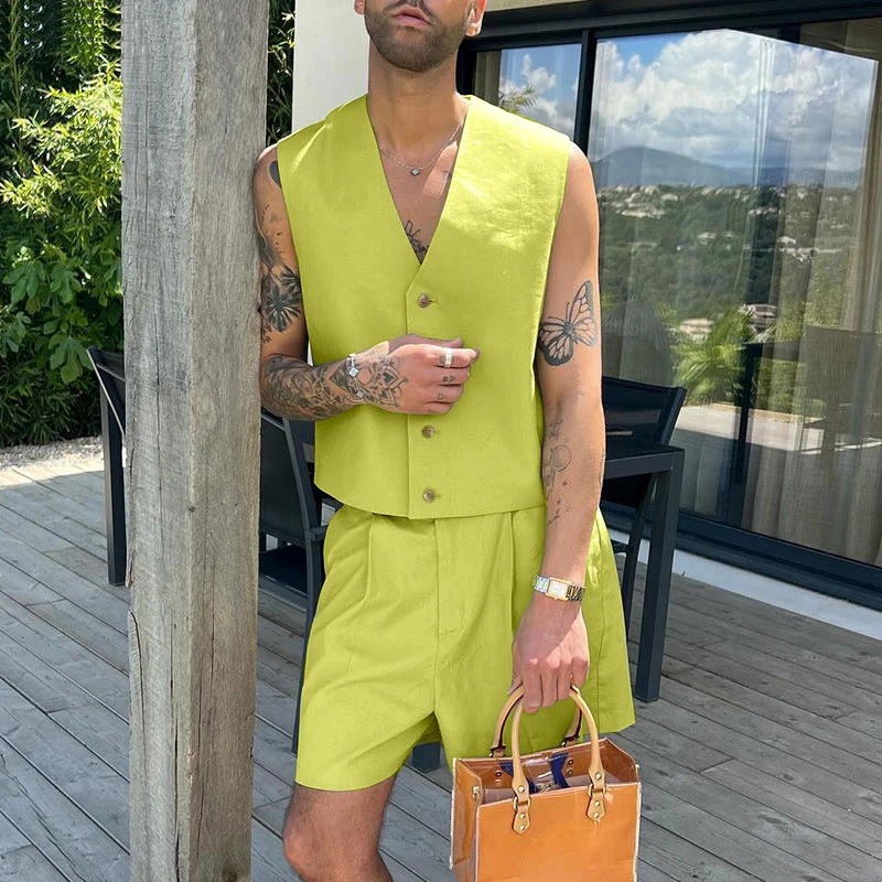 Summer Mens Solid Color Sets Casual V Neck Sleeveless Crop Vest Shorts 2 Piece Fashion Streetwear Suits 250612