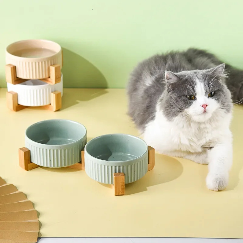 850ML Cat Double Ceramic Bowls Pet Food Water Feeding Supplies Small Medium Dogs Drink Eat Feeder with Wooden Stand 250612