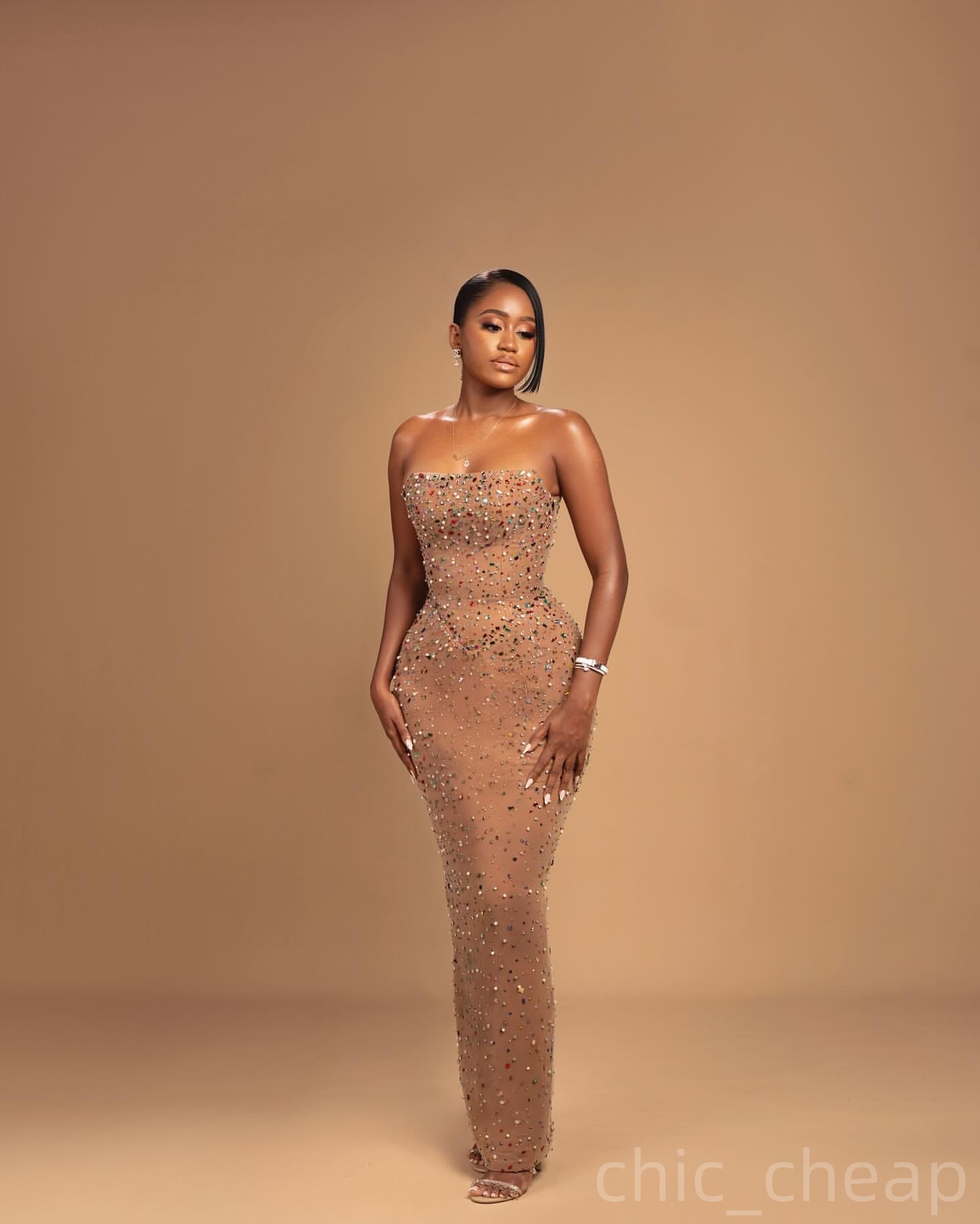 Champagne Sheath Prom Dresses 2025 Illusion Beaded Crystals Luxurious Evening Formal Party Second Birthday Engagement Gowns Plus Size Dress For Specia