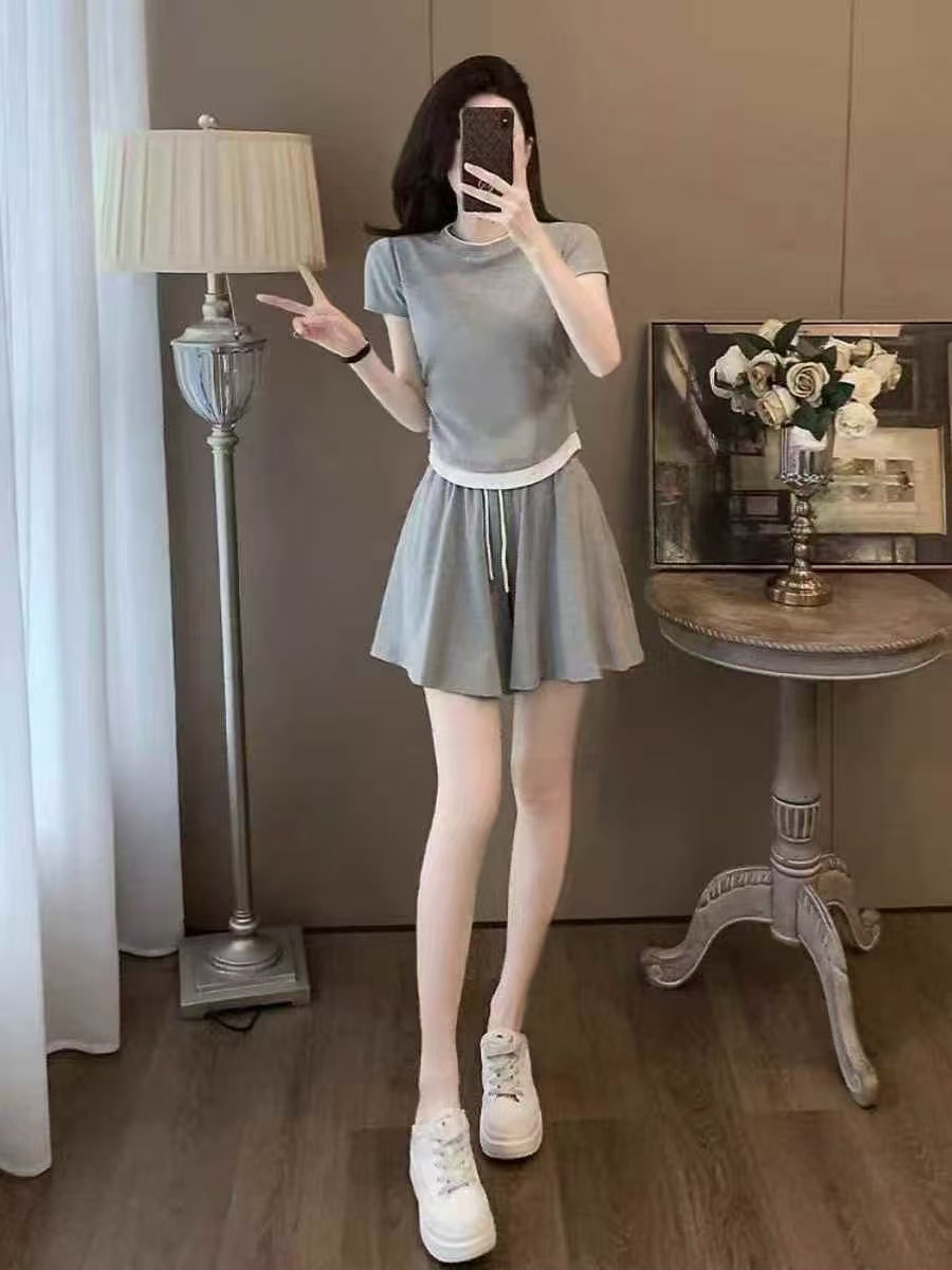D1903 Temperament two-piece pants skirt suit women's summer slim fit patchwork short-sleeved short skirt two-piece suit