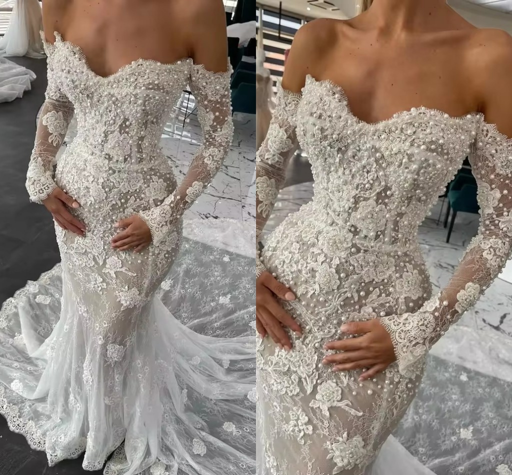 Luxury Pearls Lace Mermaid Wedding Dresses With Long Sleeves Arabic Aso Ebi Off Shoulder Bohemian Bridal Gowns Fishtail Court Train Bride Vestidos De Novia DL0346
