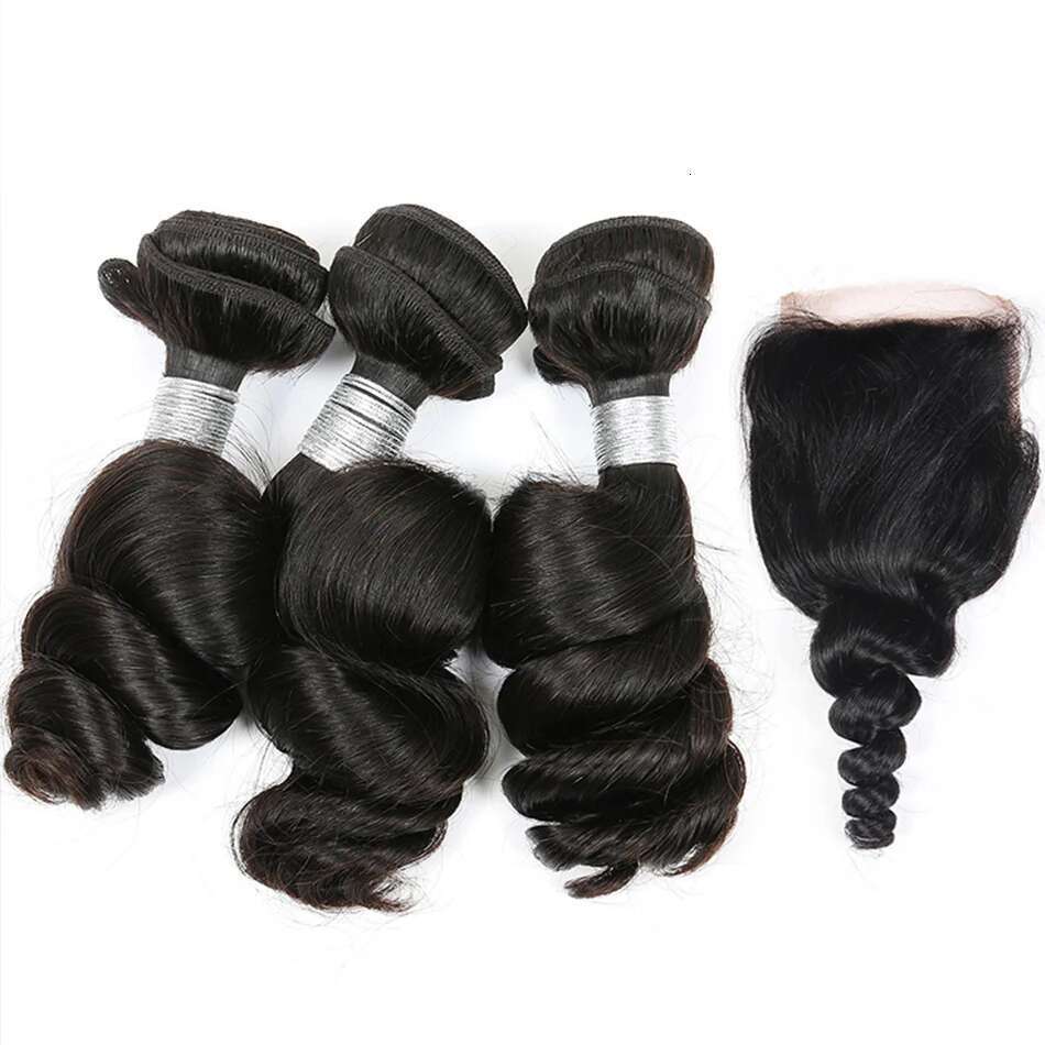 DreamDiana 10A Loose Wave Wet and Wavy Brazilian Ocean wave 100% Human Hair 3 Bundles with 4x4 Lace Closure