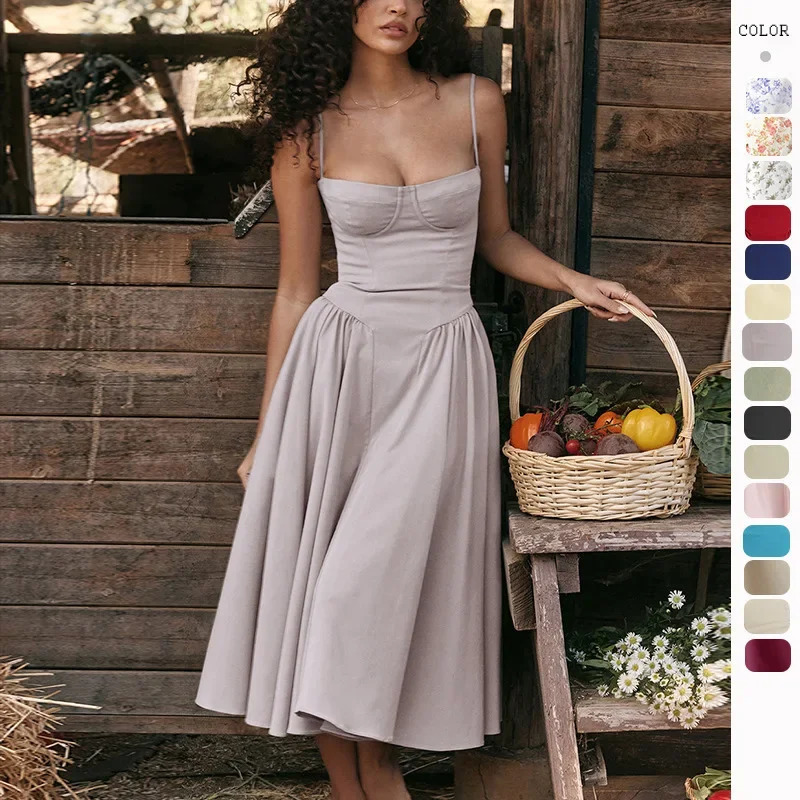 Womens French Style Long Dress with SolidFloralCheckered Multi Color Options KneeLength Arrival 250611